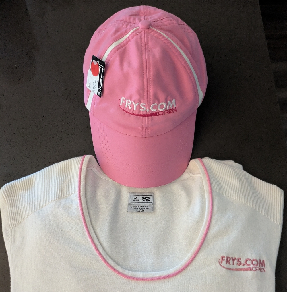 Adidas White Sweater with Pink Accents (FRYS.COM Logo) - Kate Lord Cap 🩷⛳🩷